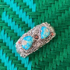 sterling silver, turquoise and coral floral handmade heavy cuff bracelet
